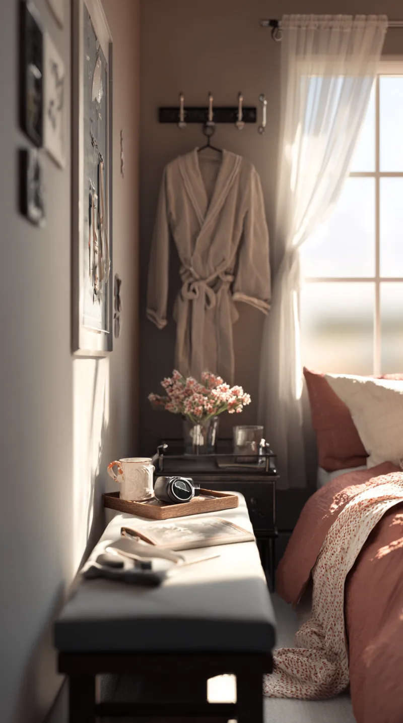 Functional bedroom corner with a narrow upholstered bench, robe hook, and morning coffee tray.
