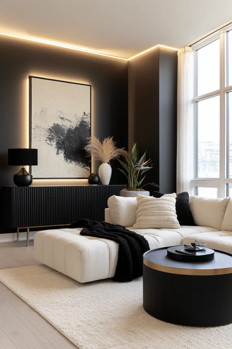Halo-lit backlit monochromatic abstract artwork on a deep black wall above a fluted black console with gold legs.