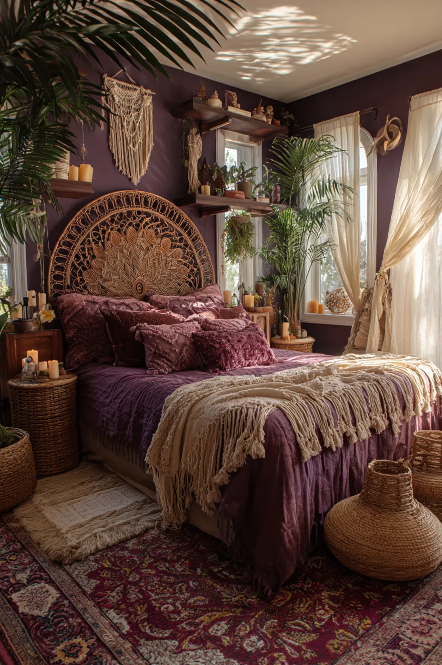 A bohemian dark feminine bedroom featuring a rattan peacock headboard, purple walls, macramé wall hanging, indoor palm plants, and warm string lights.