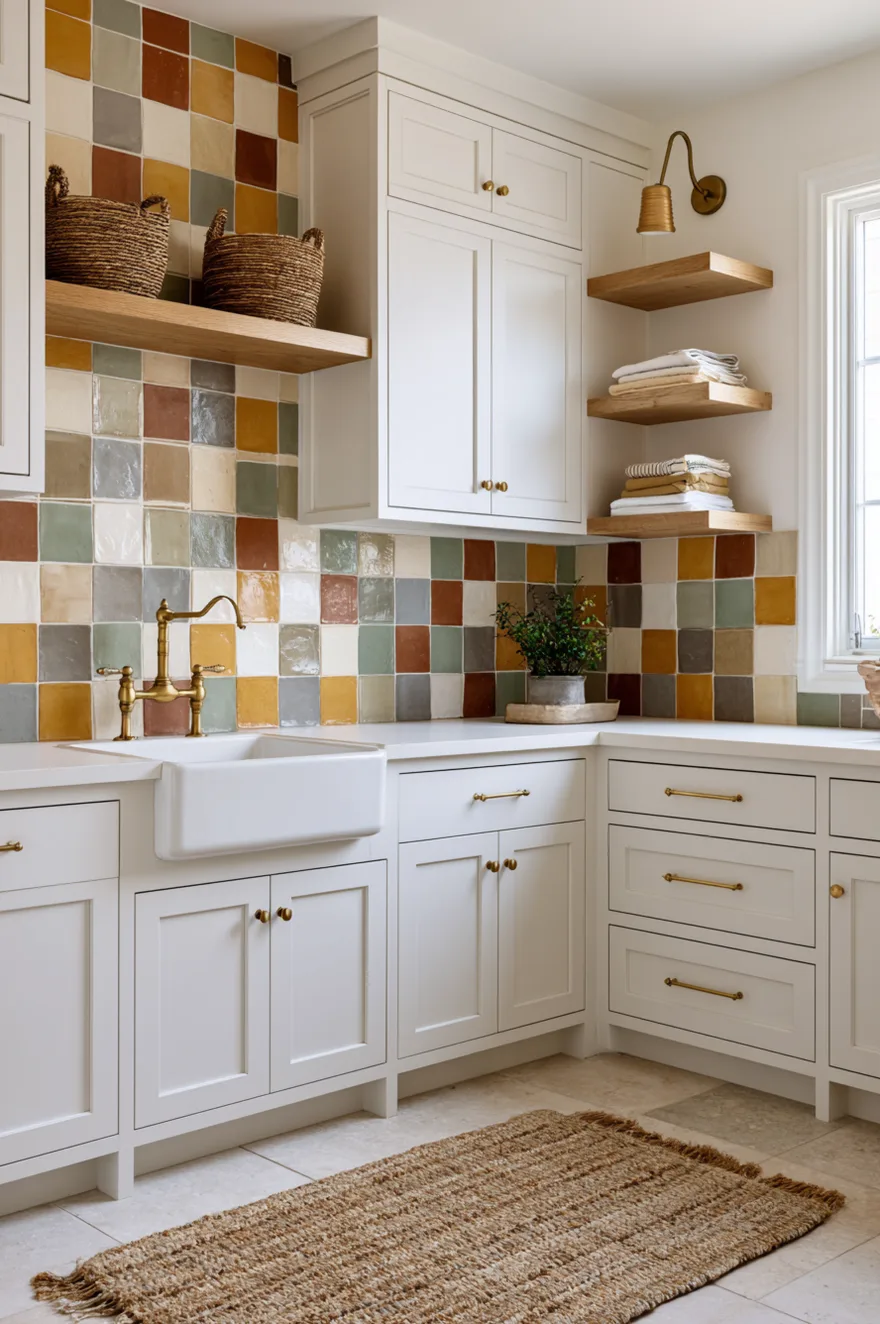 Patchwork pattern of colorful square tiles in ochre, rust, sage green, and cream on a utility room backsplash with white cabinets and brass hardware.
