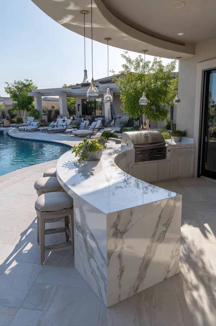 Luxury poolside outdoor kitchen with a large curved marble waterfall island, neutral upholstered bar stools, built-in stainless steel grill, and glass pendant lights under a covered overhang.