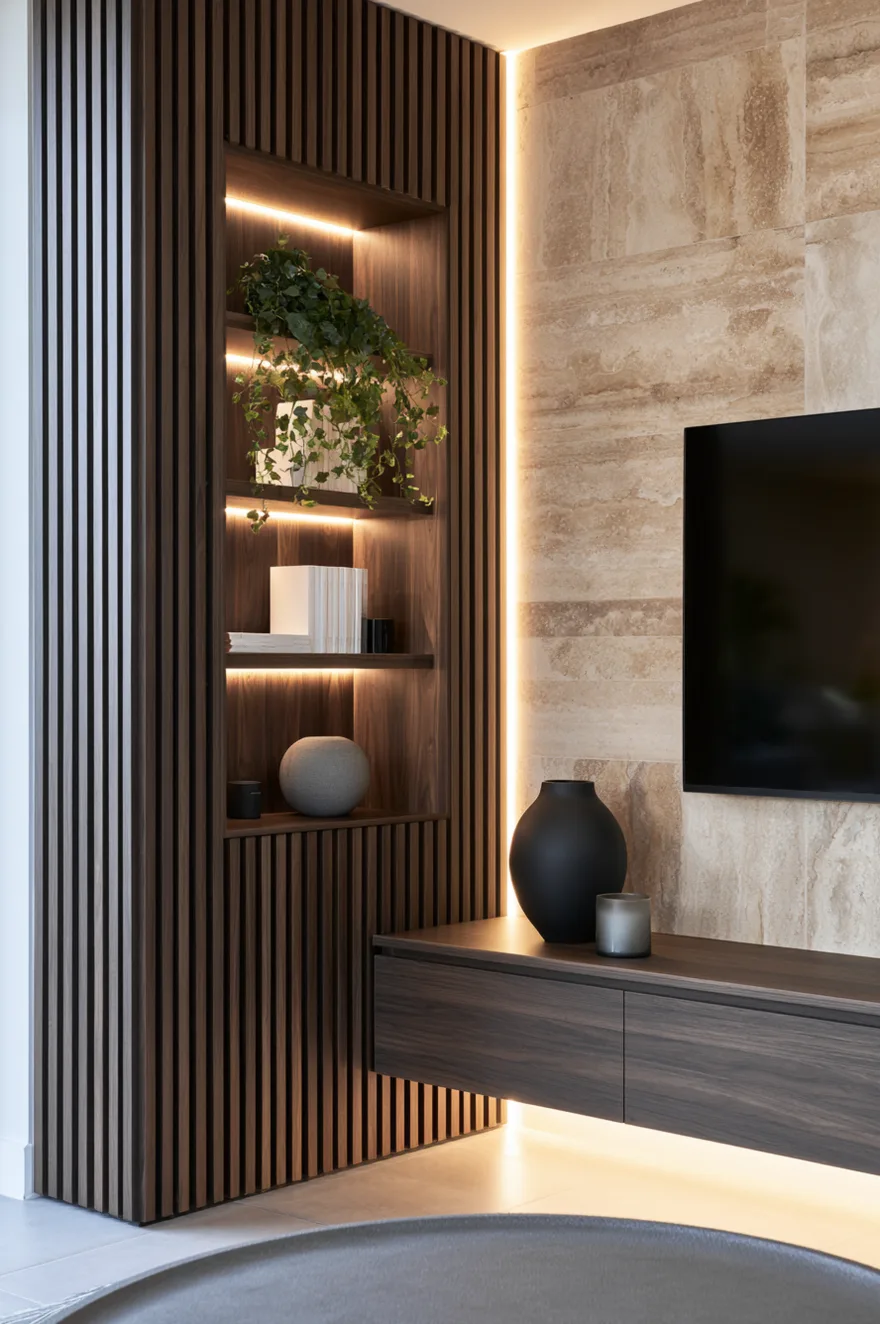 Sophisticated feature wall blending dark walnut vertical slats on the left column with warm cream travertine stone cladding tiles on the main wall behind a wall-mounted flat screen television. The slatted wood section includes a built-in multi-tier display niche with integrated warm LED accent lights, styled with a lush trailing ivy plant, white books, and a round stone sphere. A dark wood floating media unit runs along the bottom, illuminated by warm floor underlighting and holding a large matte black ceramic vase.