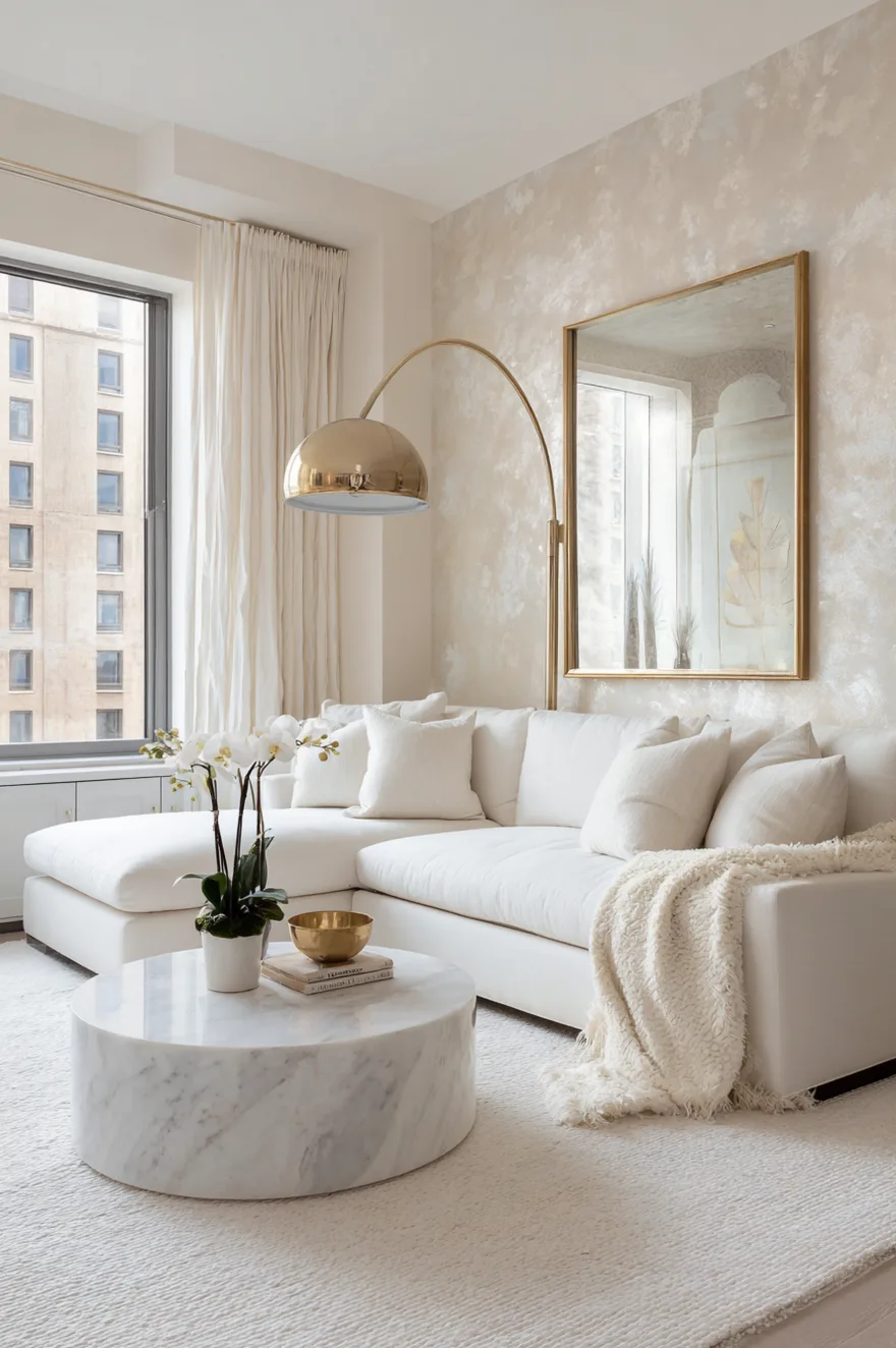 Luxury white living room with a gold arc floor lamp, marble coffee table, and textured wallpaper.