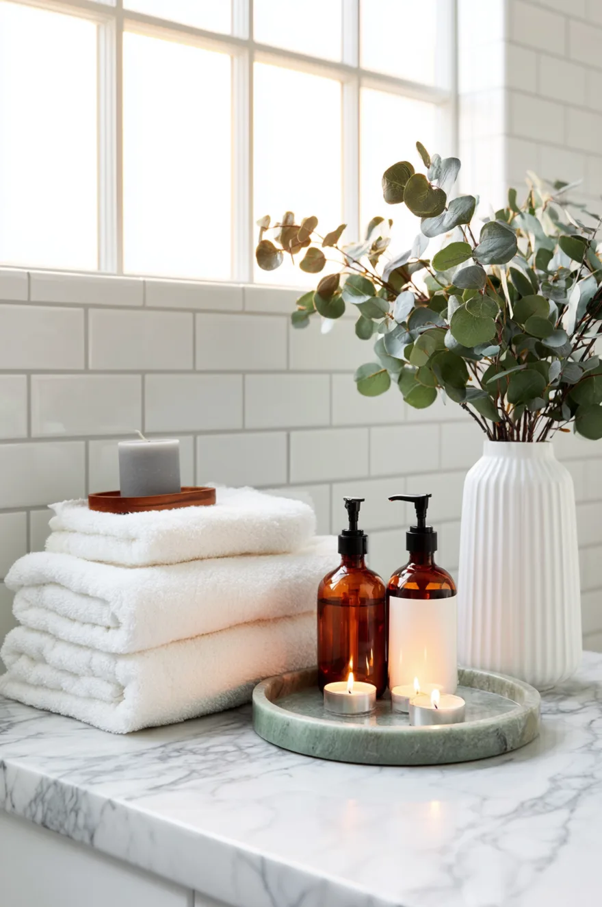 Bright bathroom counter with white marble and subway tile under a sunny window. A stack of white towels sits next to a round green marble tray holding amber glass soap dispensers, lit tea lights, and a white fluted vase with eucalyptus.