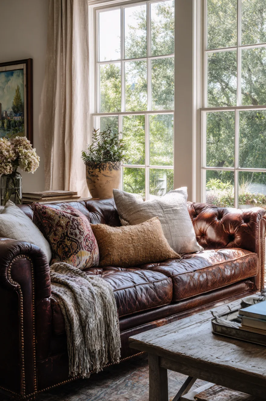 A close-up of a rich, dark brown tufted leather Chesterfield sofa positioned in front of a bright window. The sofa is layered with a variety of textured pillows in linen, ochre, and paisley patterns, along with a fringed neutral throw blanket. A rustic wood coffee table is visible in the foreground.