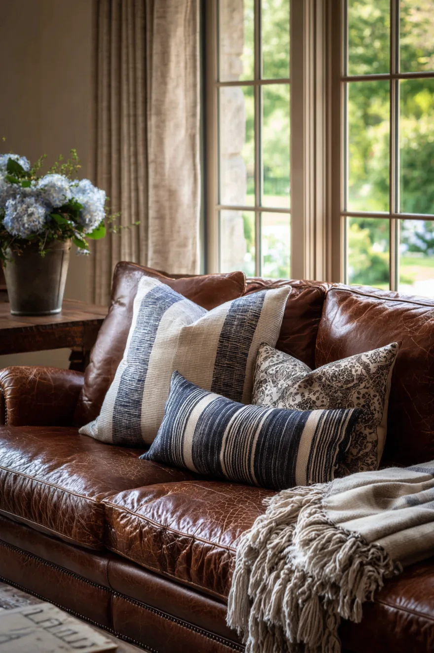 A tufted cognac leather sofa decorated with blue and white striped pillows and a neutral patterned cushion. A soft, chunky knit throw blanket with tassels hangs over the side. In the background, a bucket of blue hydrangeas sits on a wooden side table by a window.