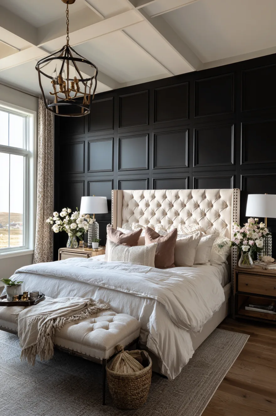 A bedroom showcasing a black square paneled accent wall behind a tall cream tufted wingback bed, styled with white bedding, a matching bench, and dark wood nightstands.