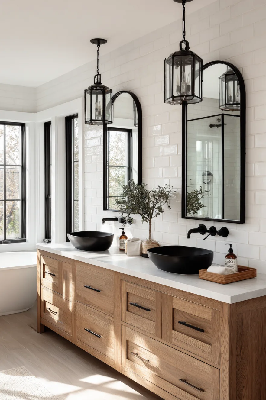A bright bathroom showcasing a light oak wood double vanity with recessed panel drawers. Two matte black vessel sinks rest on a white countertop, complemented by black wall-mounted faucets, tall black-framed mirrors, and black lantern-style pendant lights against a white subway tile wall.