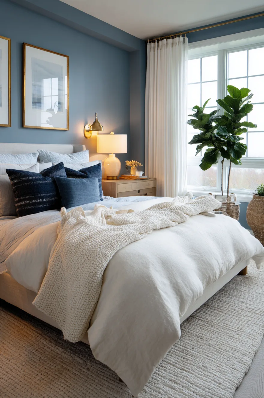 Master bedroom with dusty blue walls, a light wood bed frame, and a matching wooden nightstand. The bed is dressed in white bedding, a chunky cream knit throw, and navy blue accent pillows. A gold wall sconce provides light next to a large potted fiddle leaf fig plant near a window draped with sheer white curtains.