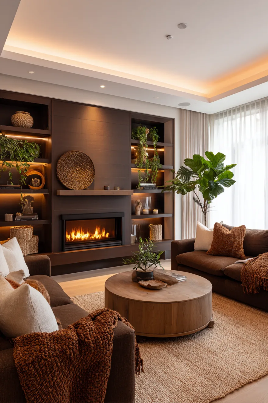 A warm living room centered around a white fireplace with a lit fire, featuring a brown leather sofa, a vintage patterned rug, and a tall indoor olive tree.