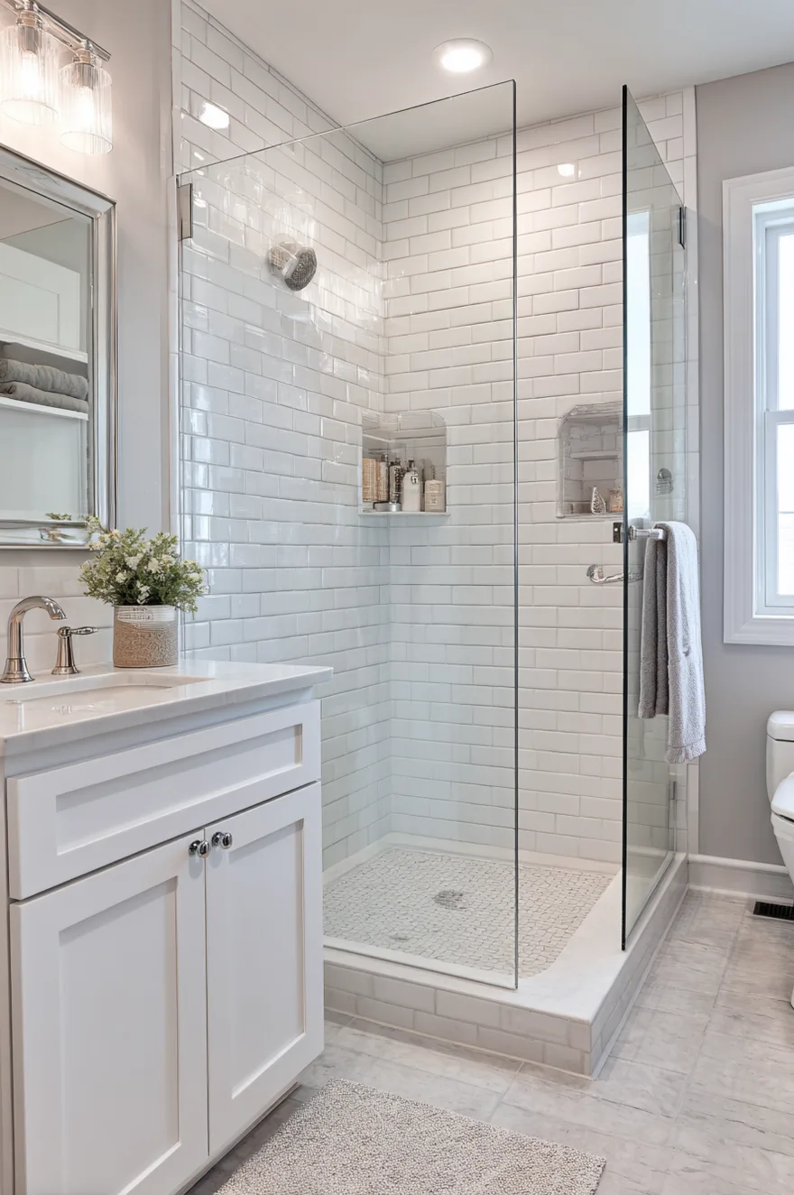 A clean, budget-friendly bathroom showcasing a standing shower with white subway tiles, chrome fixtures, a clear glass enclosure, and a classic white vanity with a white countertop.