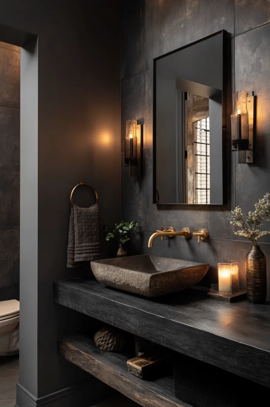 A moody bathroom with dark charcoal gray walls, a rustic stone vessel sink sitting on a thick black wood counter, and ambient brass wall sconces.