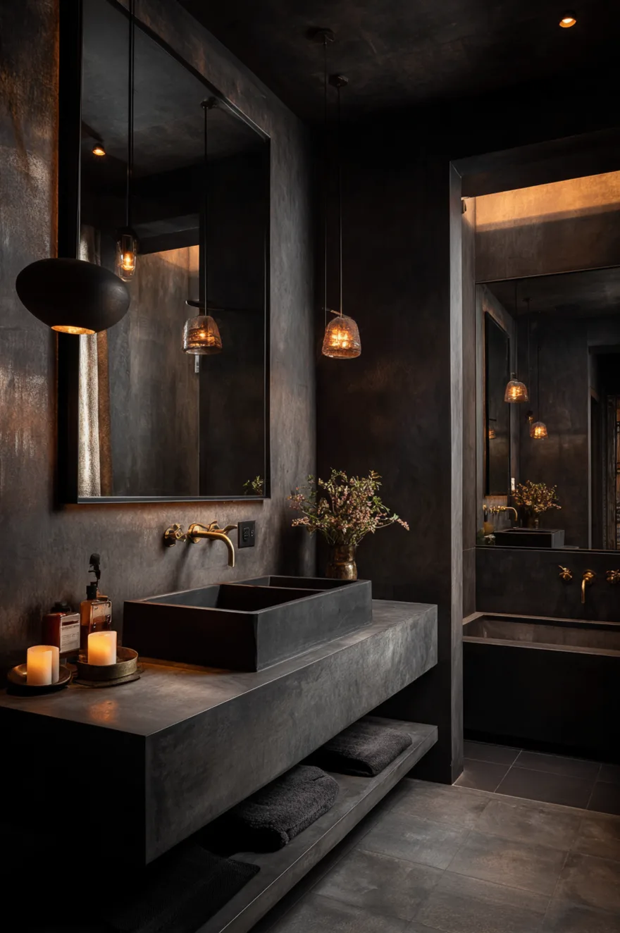 A dark modern bathroom featuring concrete gray walls, a dark trough sink, dim pendant lighting, and a dark bathtub in the background.