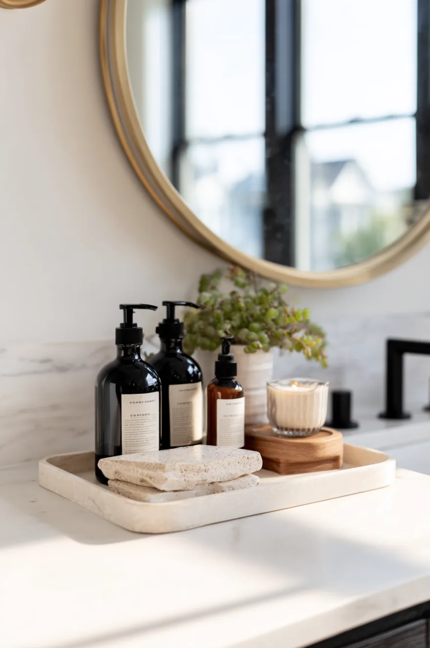 A close-up of a white marble bathroom countertop featuring a rectangular stone tray. The tray neatly holds two large dark amber pump bottles, one small amber pump bottle, a small potted green plant, and a white candle resting on a stacked wooden base. A round gold mirror hangs on the white wall in the background.