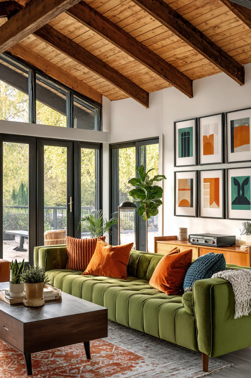 A bright living room with exposed wooden ceiling beams and large black-framed windows. A green tufted sofa with orange pillows sits in the center, flanked by a gallery wall of abstract prints and a wooden console holding a record player.