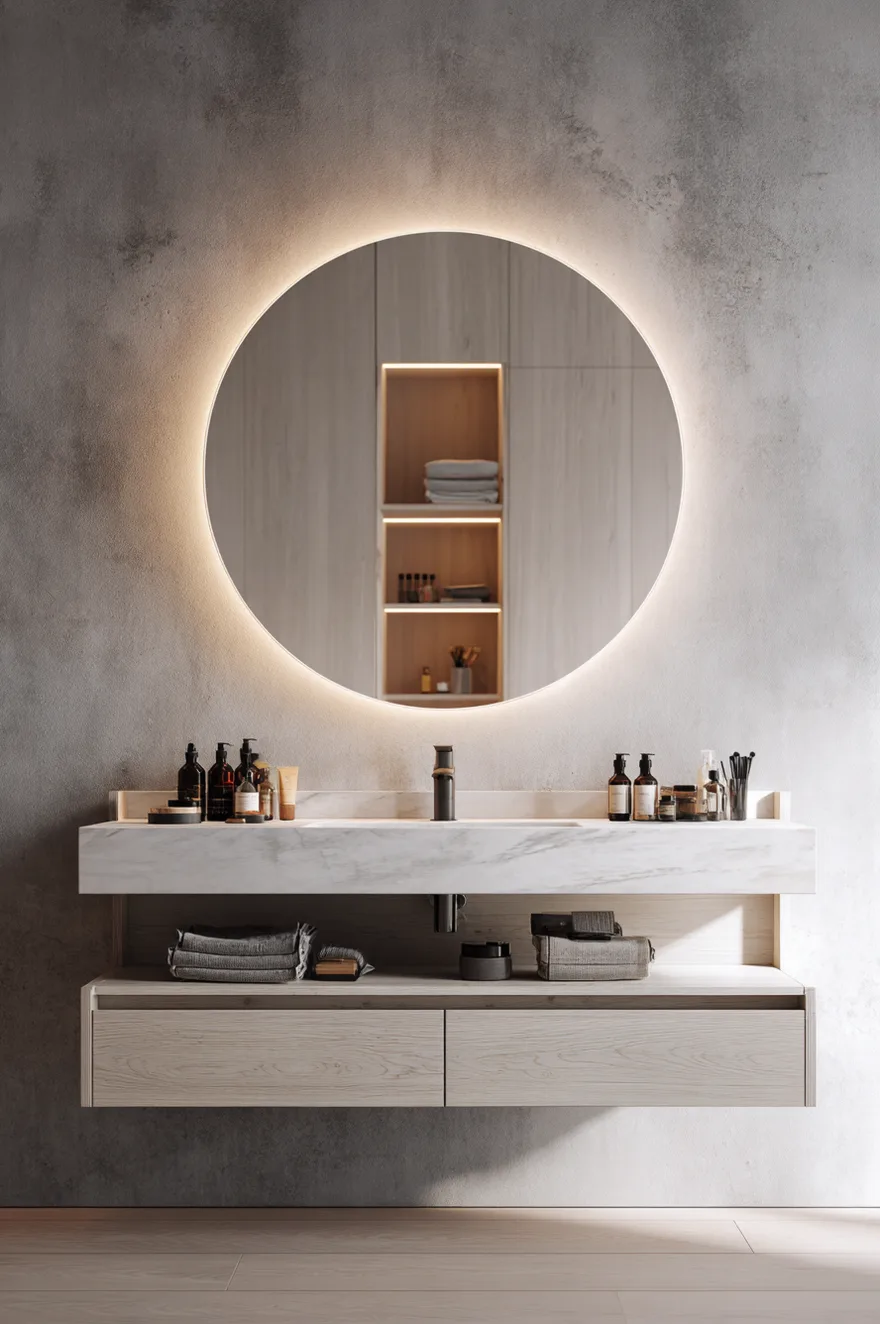 A modern Wall mounted vanity in a bathroom with textured grey walls. The vanity features a thick white marble top with a Single sink and light wood drawers underneath. A large, perfectly round mirror with backlighting hangs above, reflecting a built-in wooden shelf holding towels. Several dark bottles are neatly arranged on the marble counter.