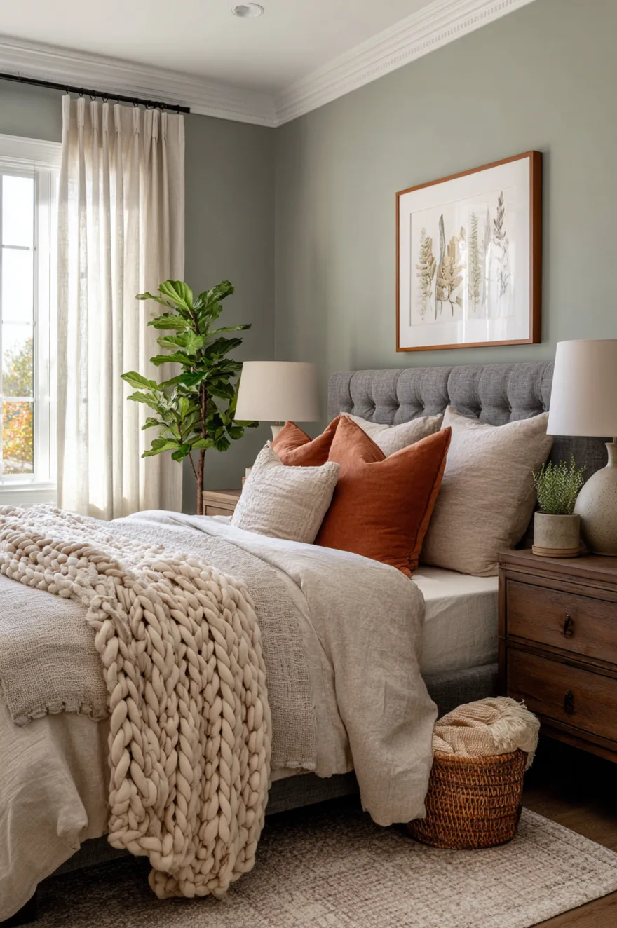 Bedroom interior with sage green walls, a gray tufted headboard, rust-colored accent pillows, a faux fiddle leaf fig plant, and a chunky knit cream blanket.
