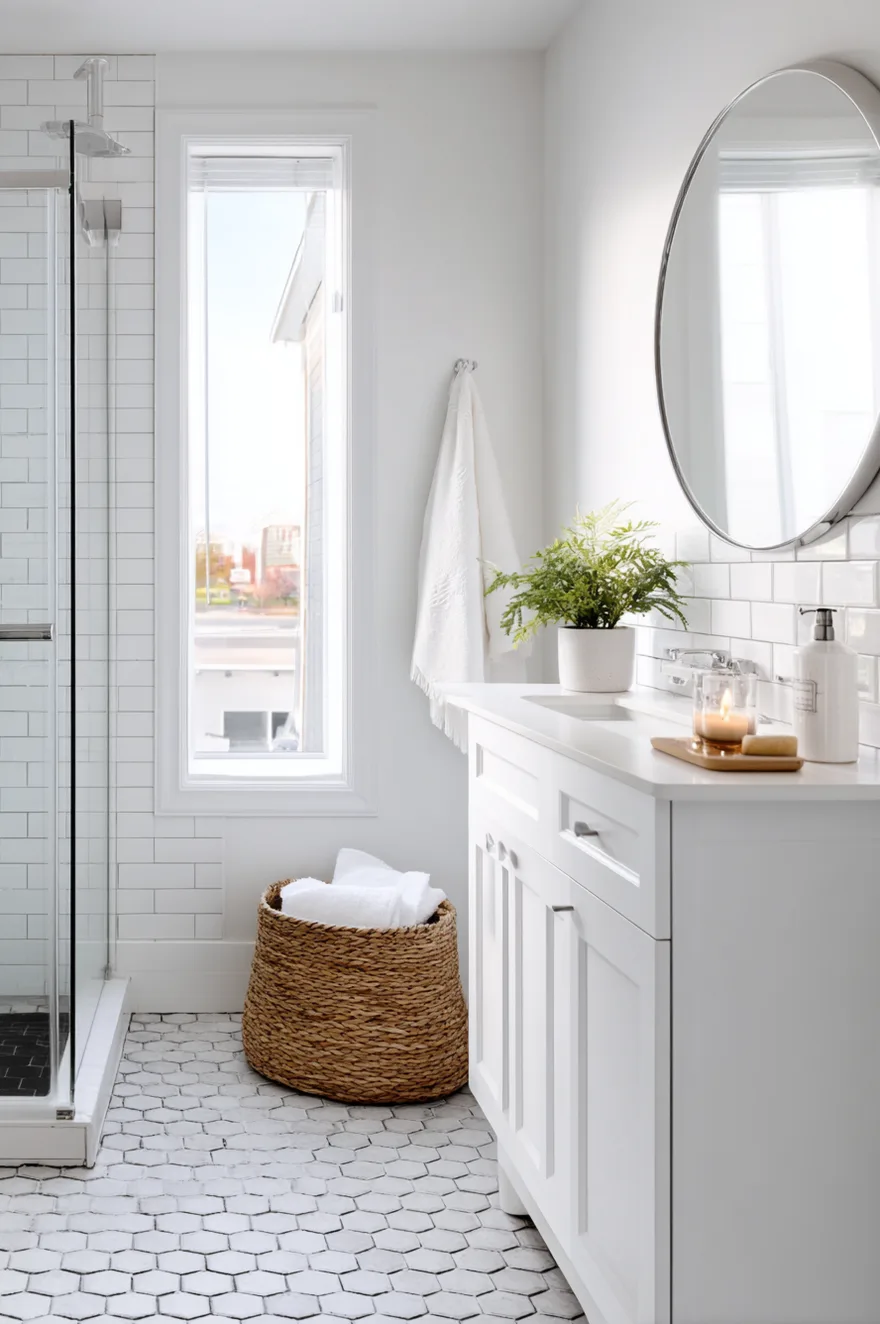 A bathroom floor covered in matte black hexagon tiles, contrasting with bright white subway tile walls and a light wood double vanity.