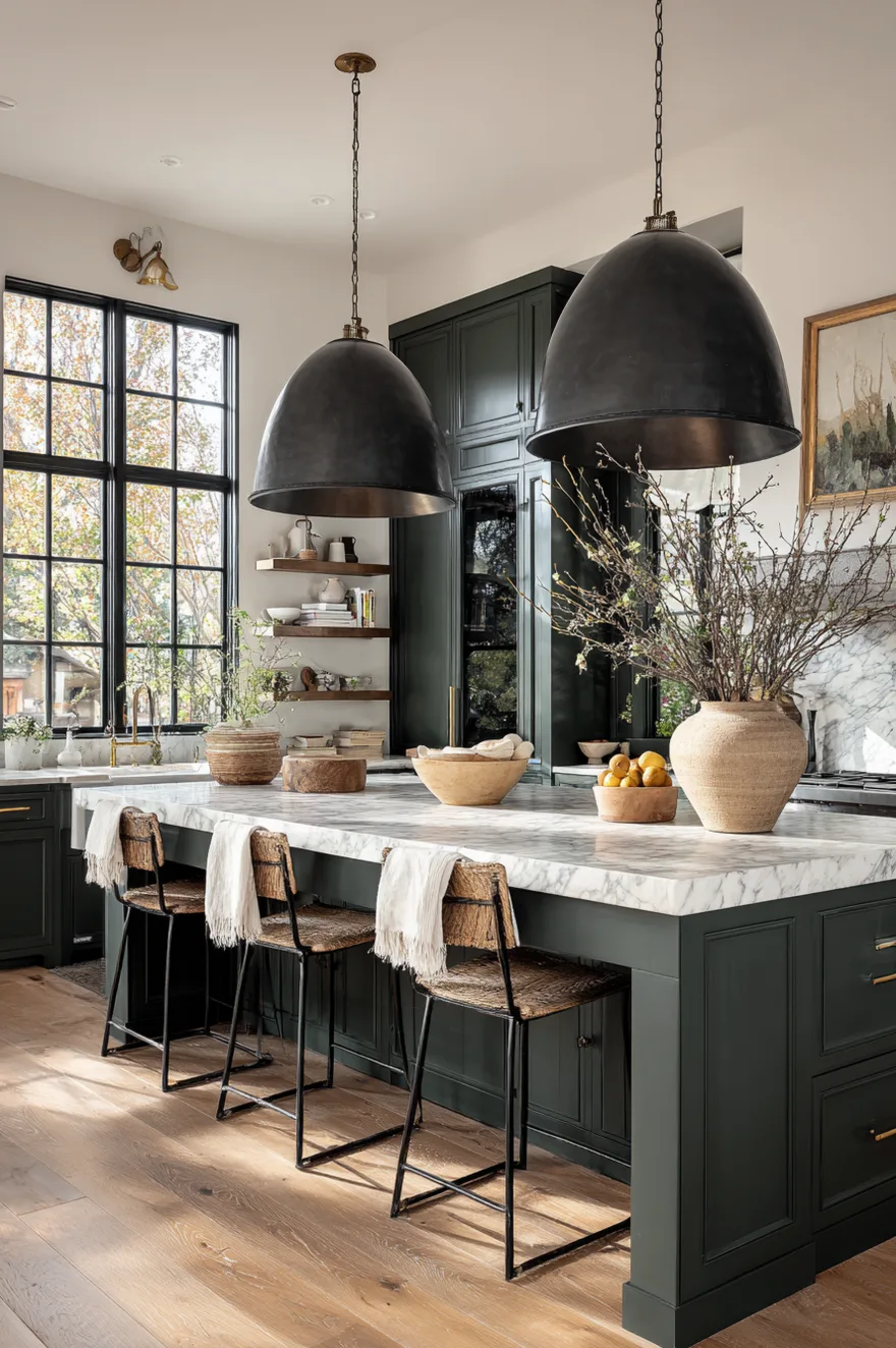 Oversized black metal dome kitchen pendant lights over island in a modern farmhouse kitchen with green cabinets.