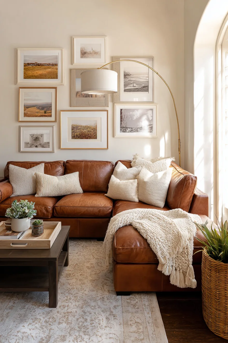 A warm brown leather sectional sofa draped with a chunky cream knit blanket, positioned below a beautifully curated gallery wall of landscape prints and a brass floor lamp.