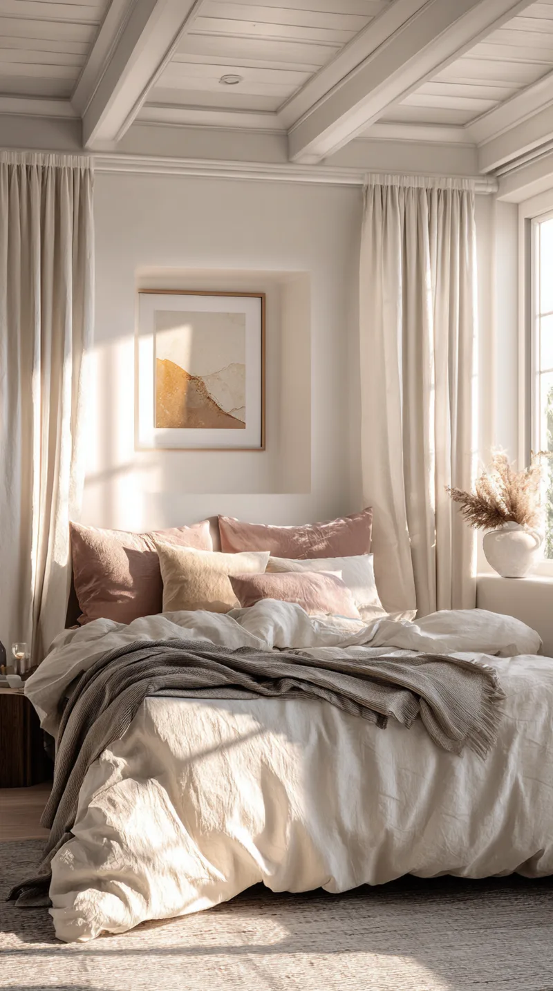 Cozy small bedroom painted in warm white with soft blush and beige bedding textures.