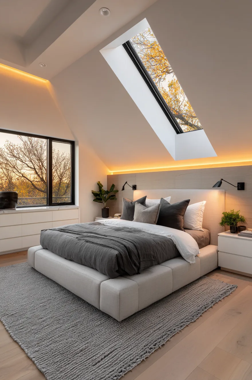 A modern bedroom featuring a low grey platform bed positioned under a slanted white ceiling with a large skylight showing autumn trees. A large black-framed window is on the left wall. A warm LED light strip glows behind a grey wood-paneled headboard wall, highlighting the clean, modern interior design.