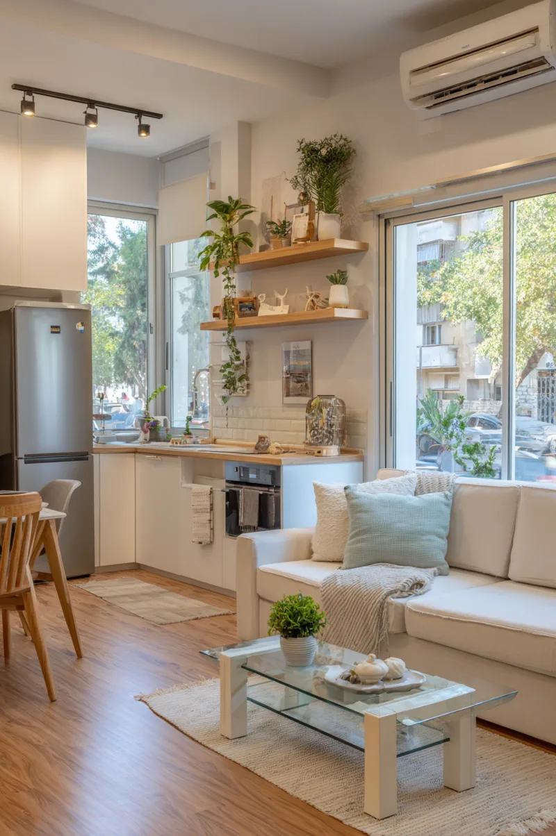 Compact open kitchen and living room small space design with continuous wood flooring and white furniture.