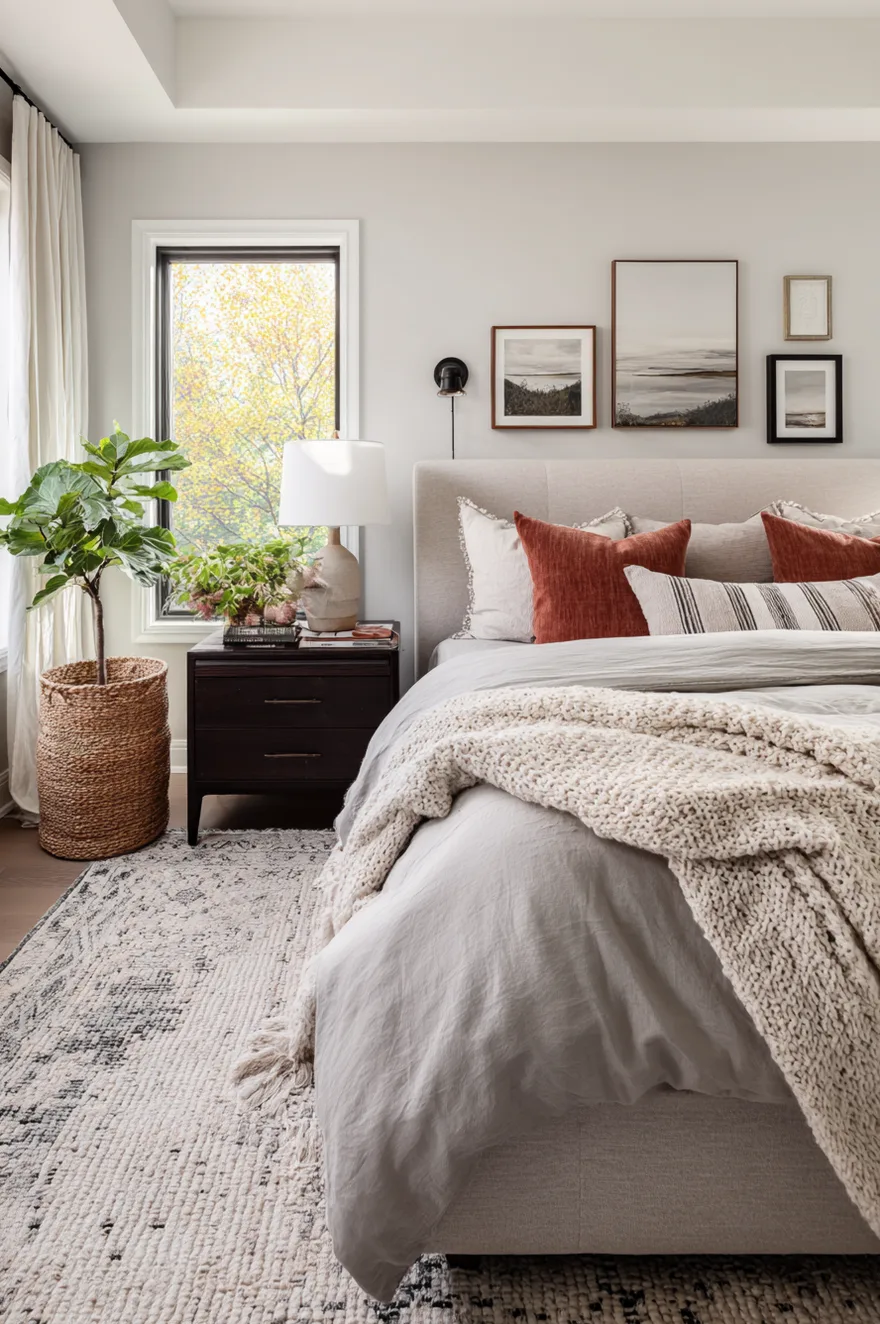 Cozy master bedroom corner featuring a gallery wall of framed landscape art and a large woven planter basket.