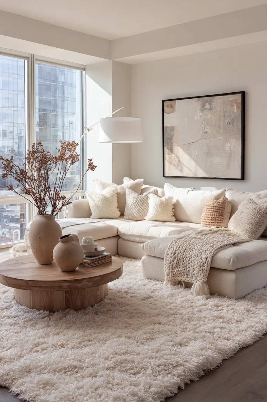 A bright living room showcasing a plush white shag area rug positioned under a cream sectional sofa and a round wooden coffee table.