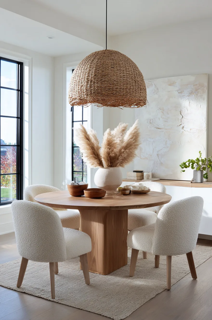 48-inch round wood pedestal dining table with curved boucle chairs in a cozy dining nook.