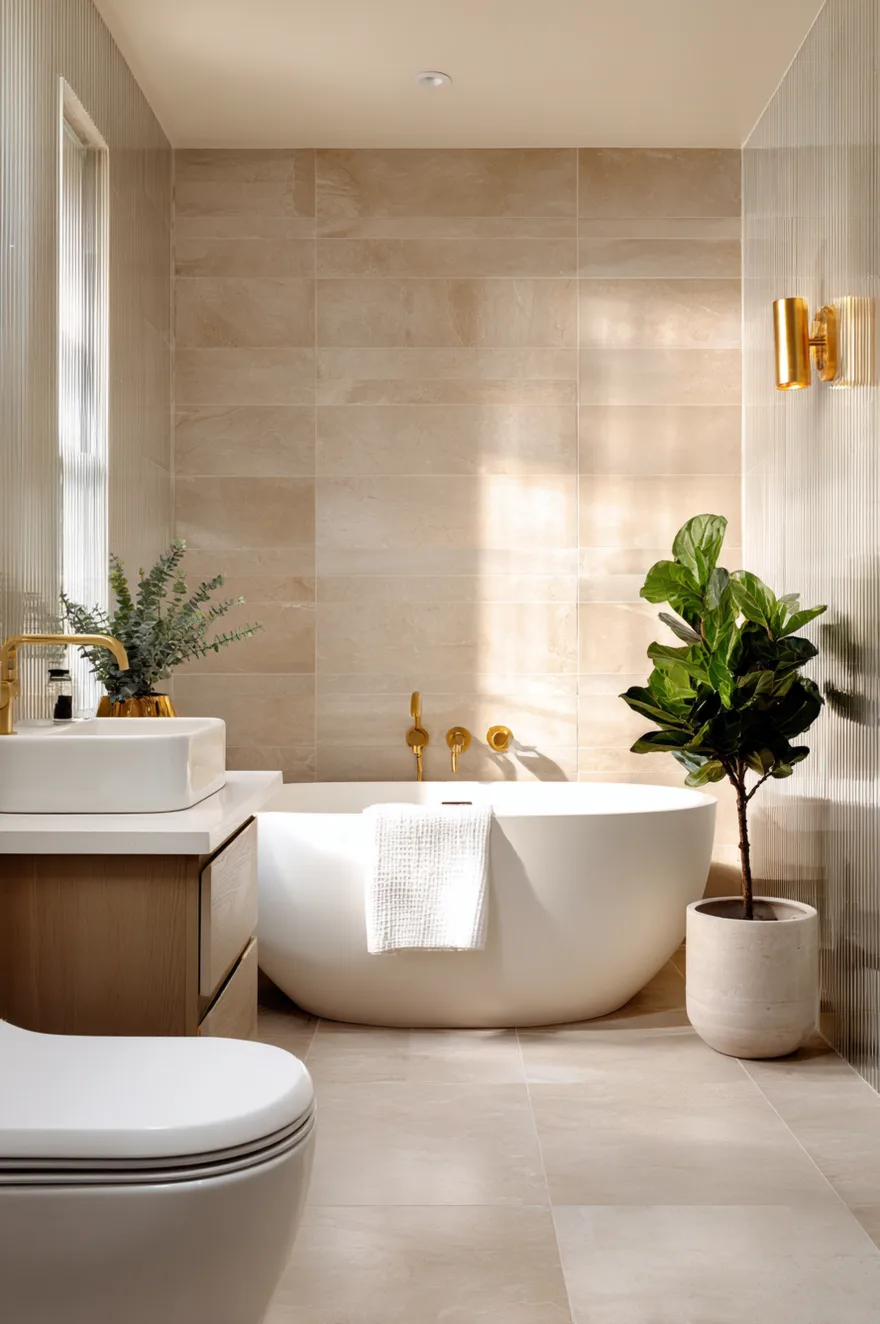 A serene bathroom bathed in natural light, featuring large-format beige tiles on the walls and floor. A sleek white freestanding oval bathtub takes center stage. A light wood vanity with a white countertop and gold fixtures sits to the left. A tall green potted plant adds a touch of nature next to the tub.