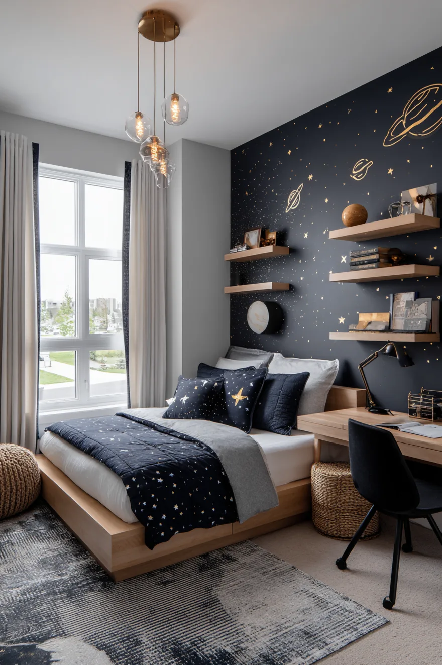 A space themed boys bedroom featuring a dark blue wall covered in star decals. A white bed frame is styled with grey bedding, sitting beneath a large framed print of a rocket ship.