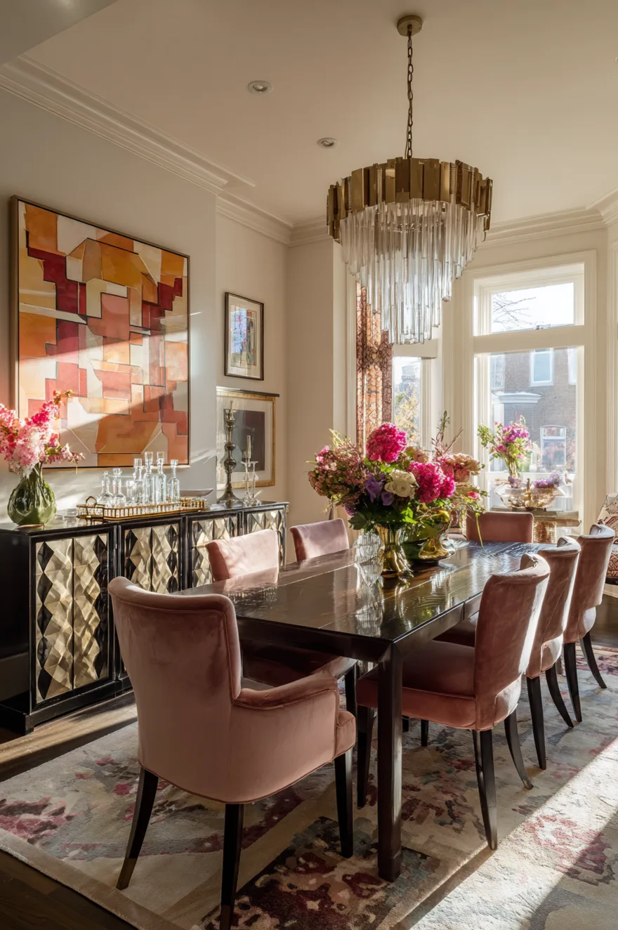 Dark polished wood dining table surrounded by plush dusty pink velvet chairs. A dramatic tiered glass and brass chandelier hangs above lush pink and white floral centerpieces. In the background, a mirrored geometric sideboard holds crystal decanters beneath a large, warm-toned abstract geometric painting.