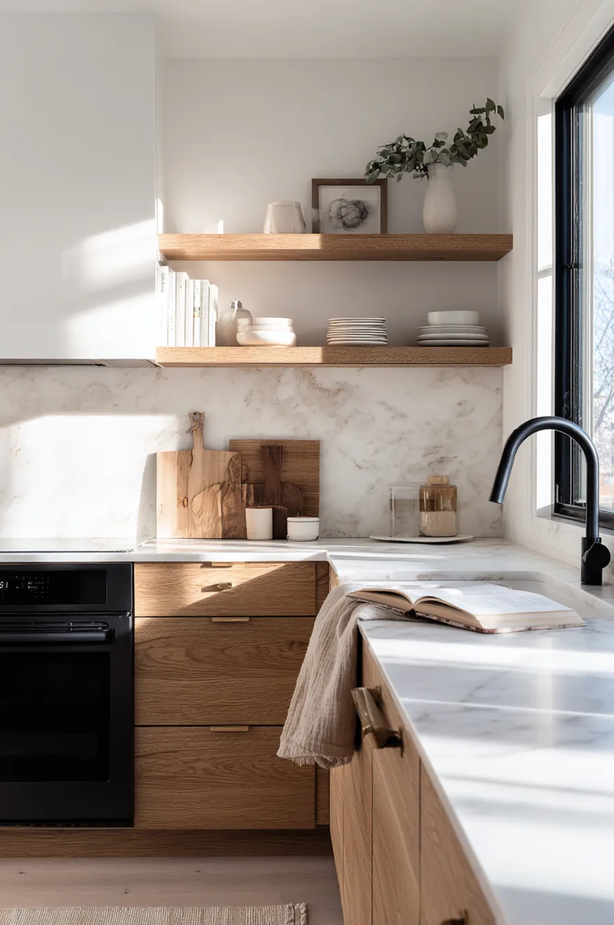 A bright kitchen featuring flat-panel white oak lower cabinets with subtle brass pulls and a white marble countertop with a matching marble backsplash. A matte black faucet sits by the sink, where an open book rests. A single light wood floating shelf displays stacked white ceramic dishes above wooden cutting boards leaning against the wall.