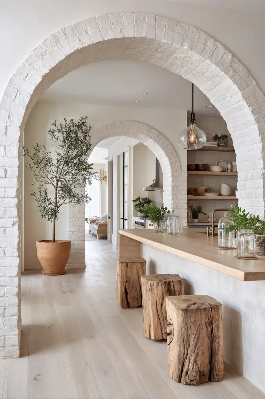 A whitewashed brick archway leading into a kitchen with a light wood counter, solid wood block stools, and an olive tree in a large terracotta pot.
