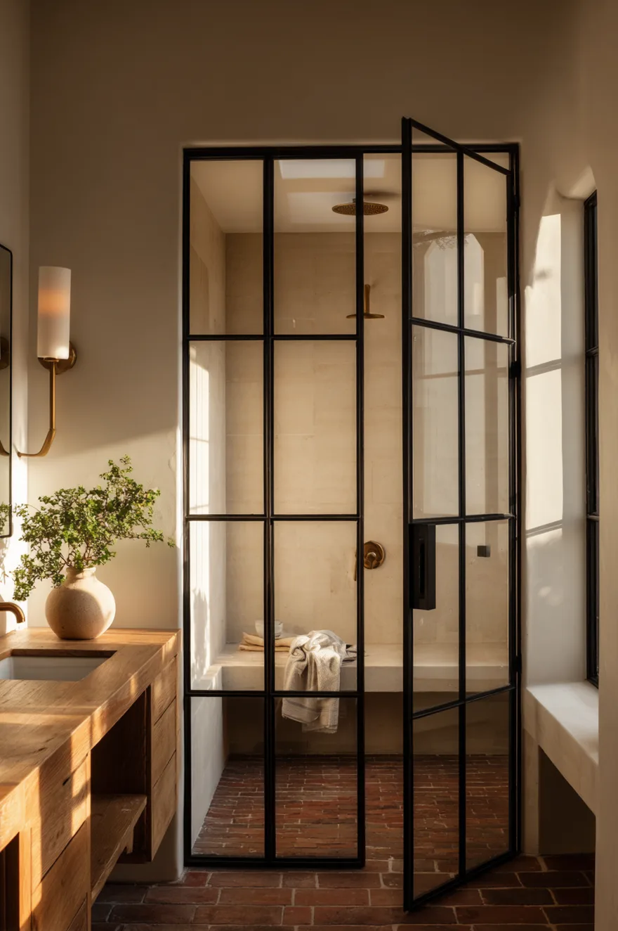 Black framed walk in shower with slim matte steel and clear glass panels, warm cream zellige tile inside, and unlacquered brass fixtures.