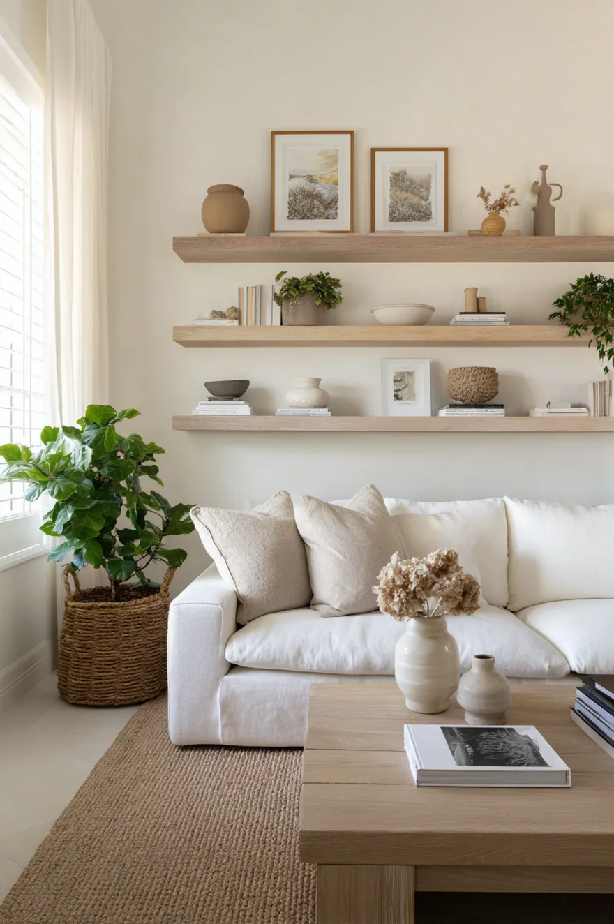 Floating shelves above a low media console styled with handthrown pottery, a trailing plant, staggered object heights, and generous negative space in a bright airy room.