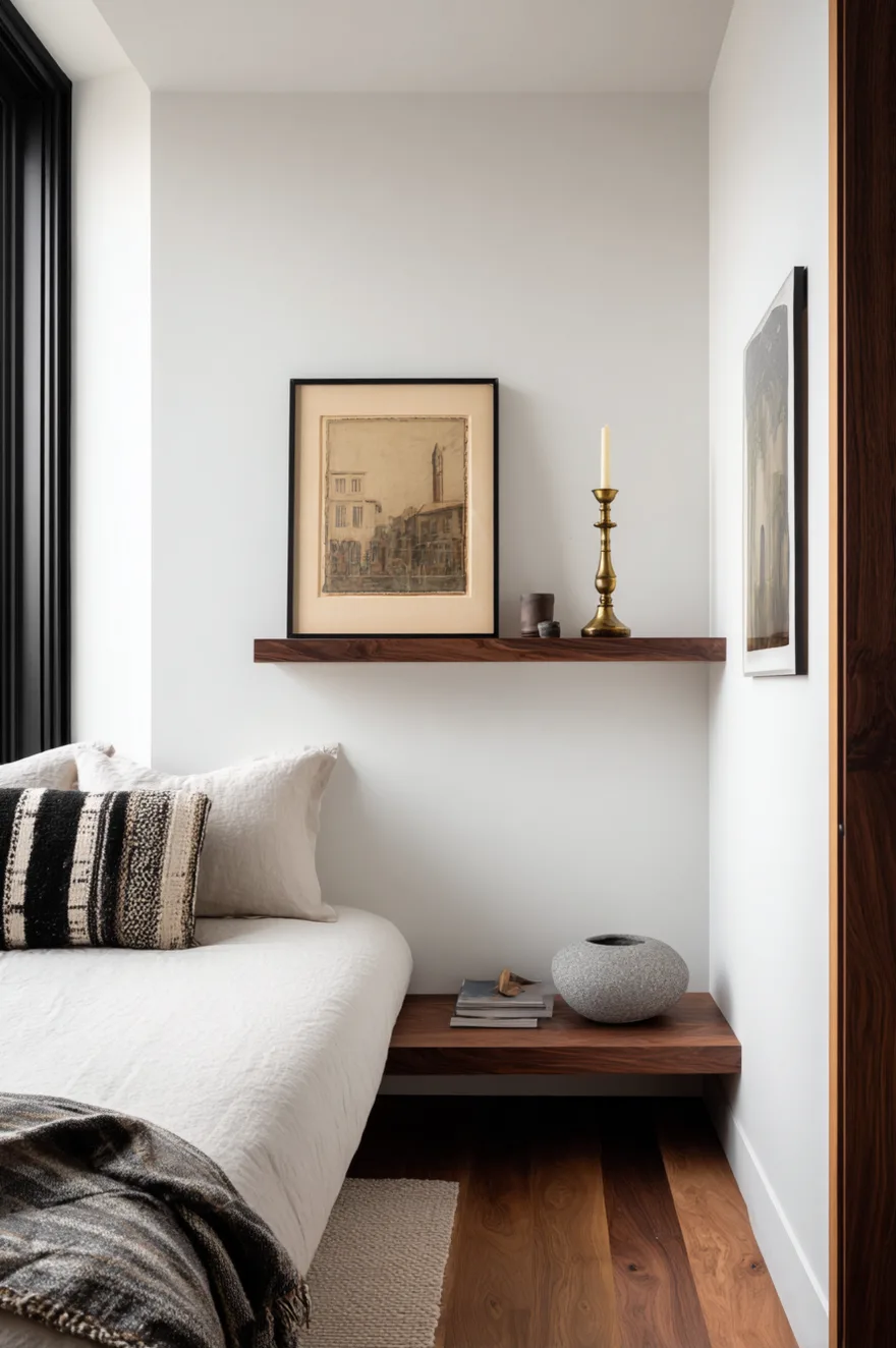 Single black walnut floating shelf on a narrow wall between a door frame and corner holding a brass candlestick, a leaning framed print, and a round stone bowl.