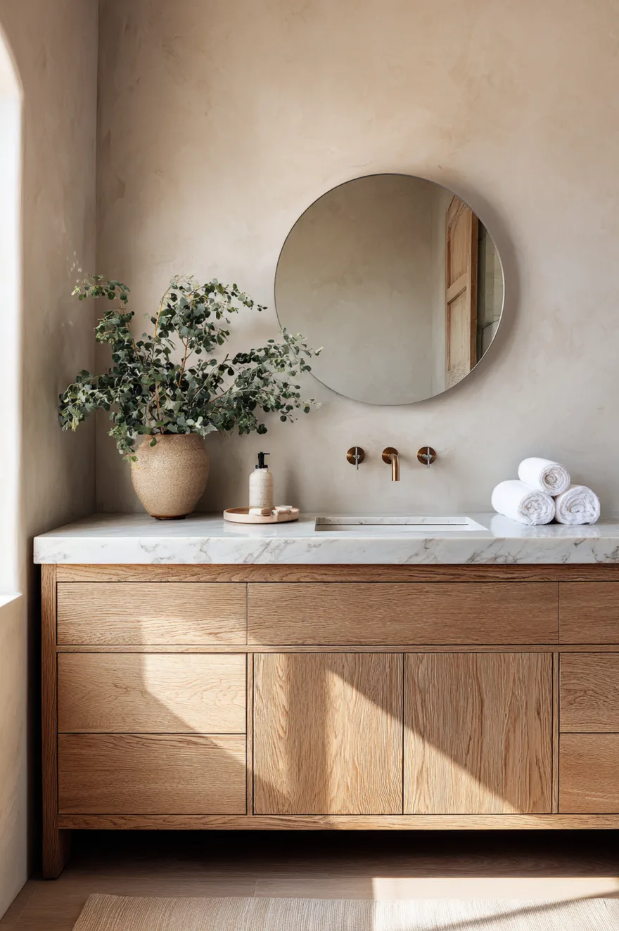 Rift-sawn white oak vanity with honed Calacatta marble slab top, unlacquered brass faucet, small round mirror, and a trailing potted plant against warm greige plaster walls.
