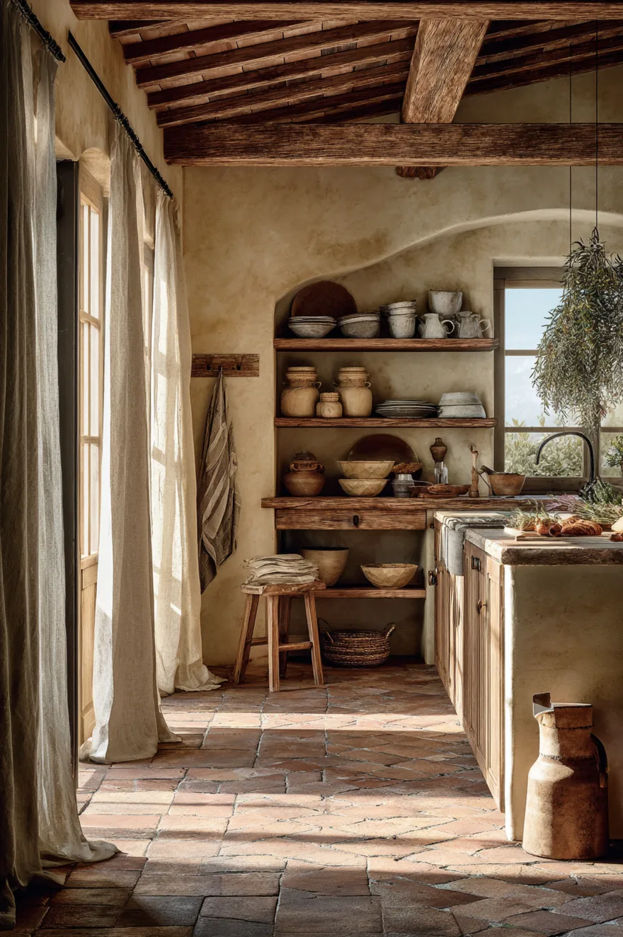 Unsealed terracotta kitchen floor with natural patina catching warm morning light beside ochre plaster walls and open timber shelving with stacked ceramic canisters.