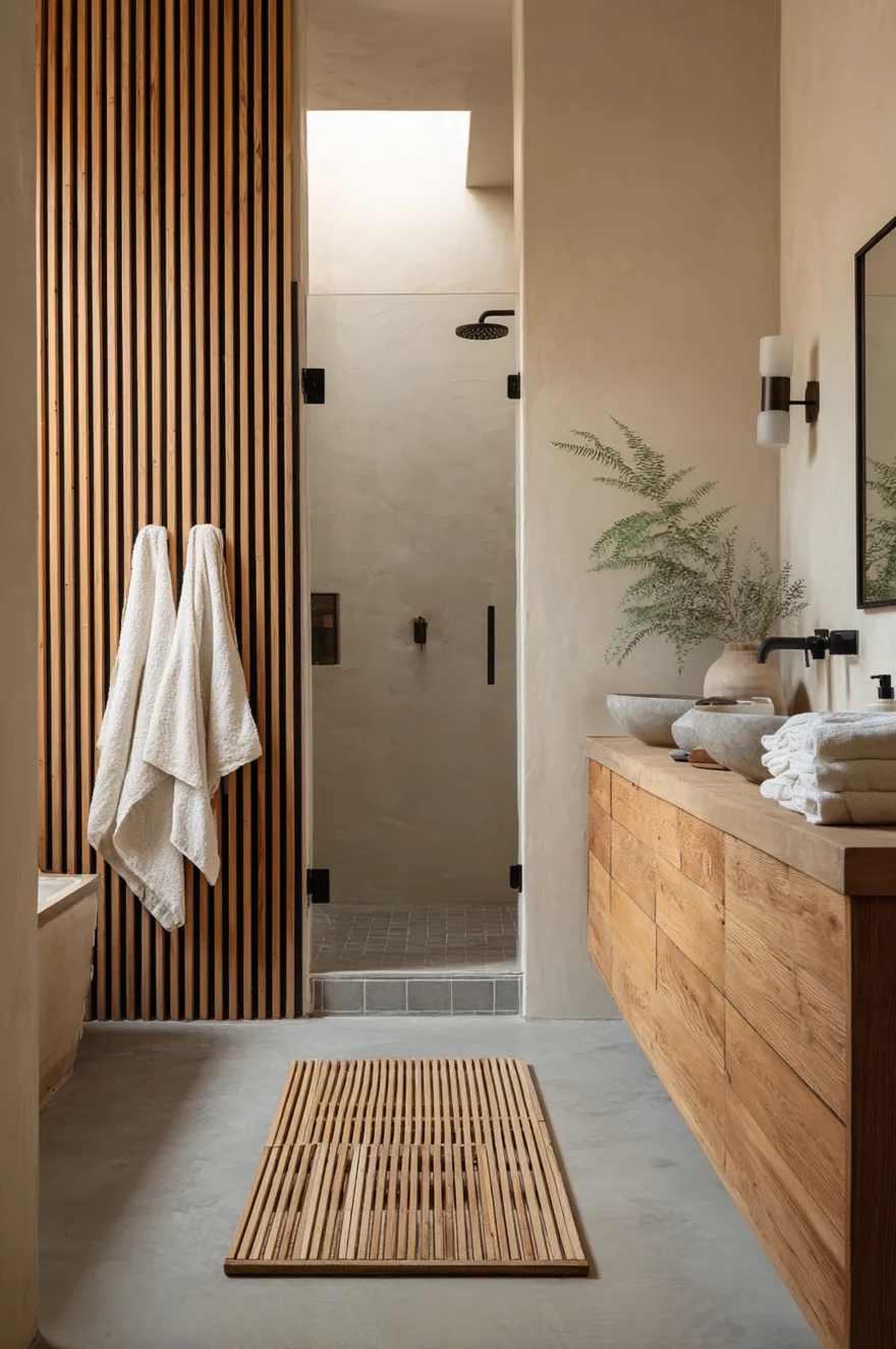 Vertical teak wood slat half-wall partition between a walk-in shower and vanity zone on a concrete floor with matte plaster walls and a small potted fern.