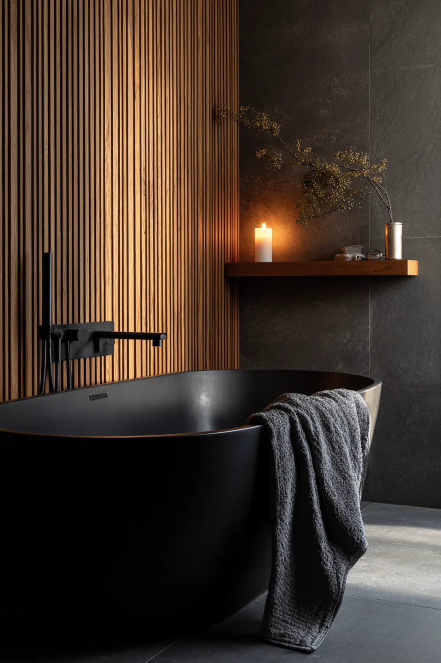 Vertical teak wood slat accent wall behind a built-in matte black soaking tub with slate-grey tile floor and warm lamplight glowing in the background.