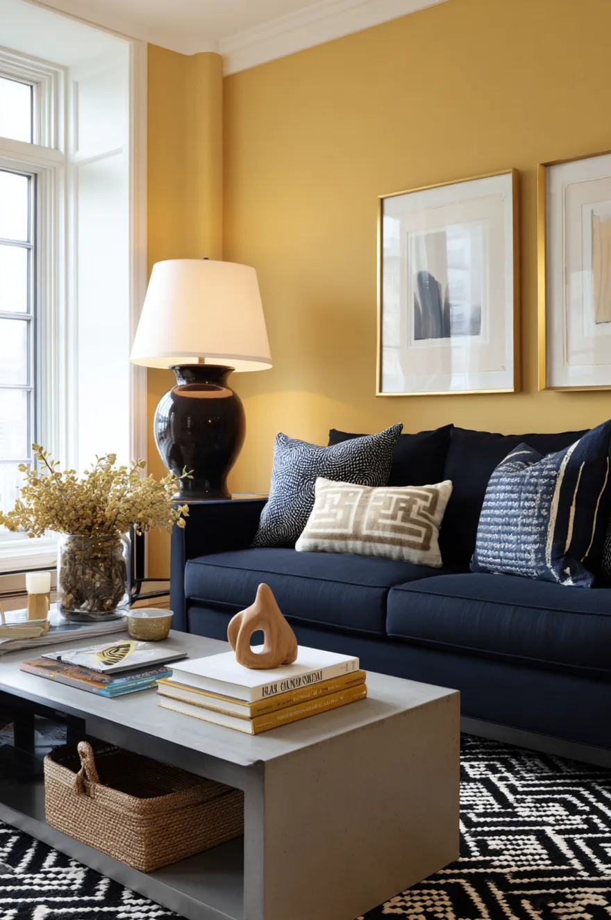 Navy linen sofa against a golden yellow accent wall with a black and cream geometric wool rug and dark brass floor lamp in a contemporary living room.