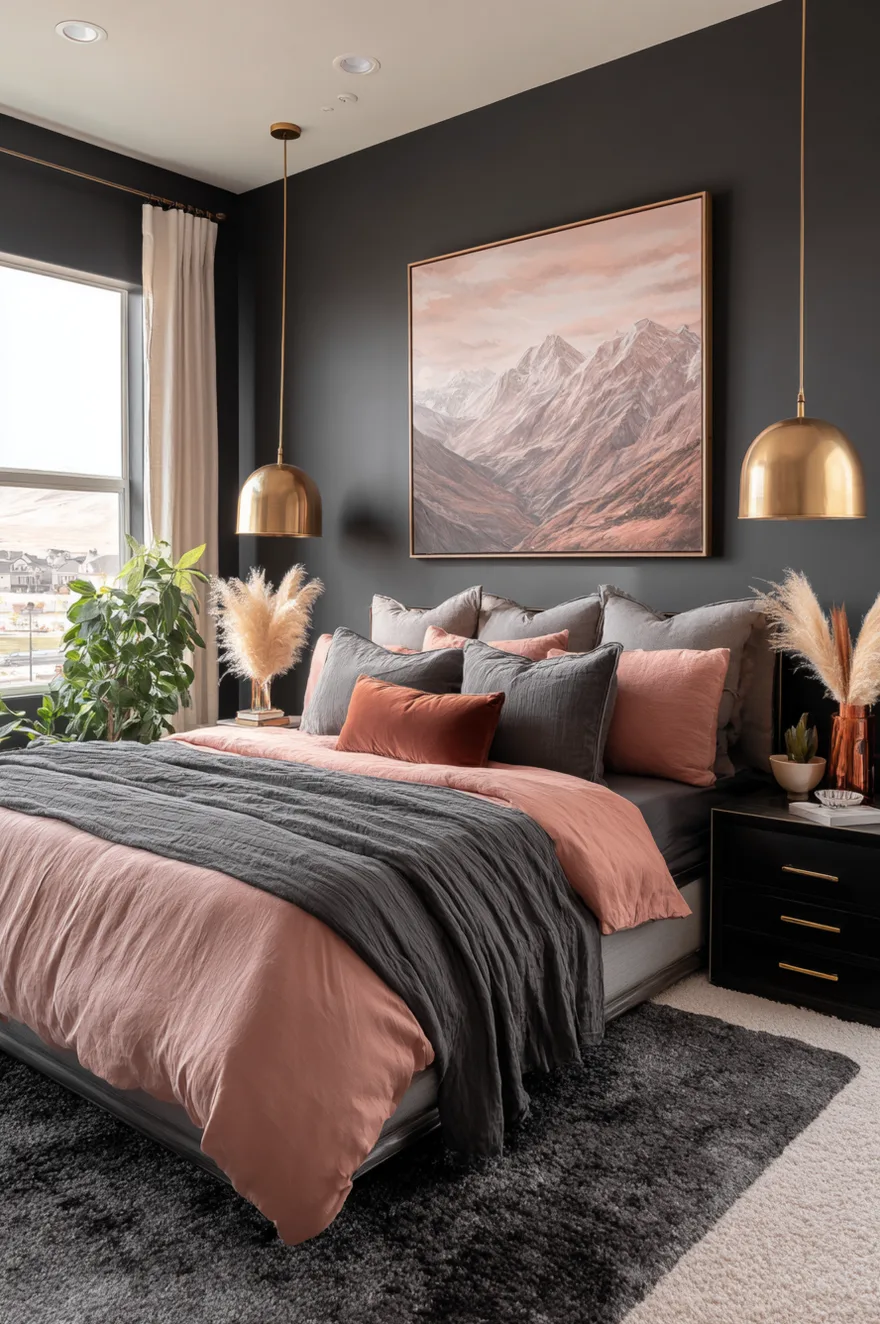 Modern dark bedroom with charcoal walls, a large mountain landscape painting, brass pendant lights, and blush pink and terracotta bedding.