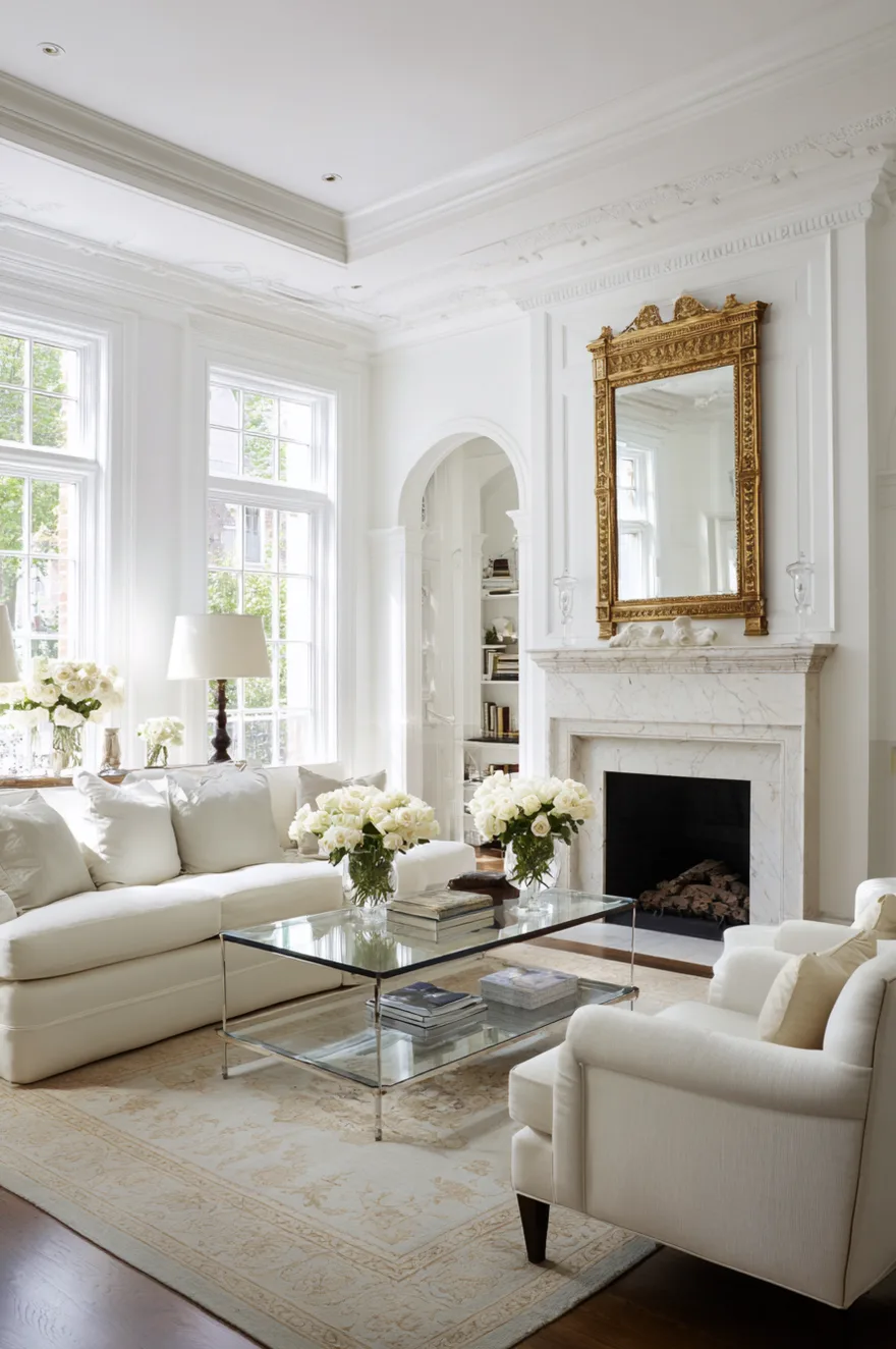 Classy traditional living room featuring a marble fireplace, large gold mirror, and symmetrical white sofas.