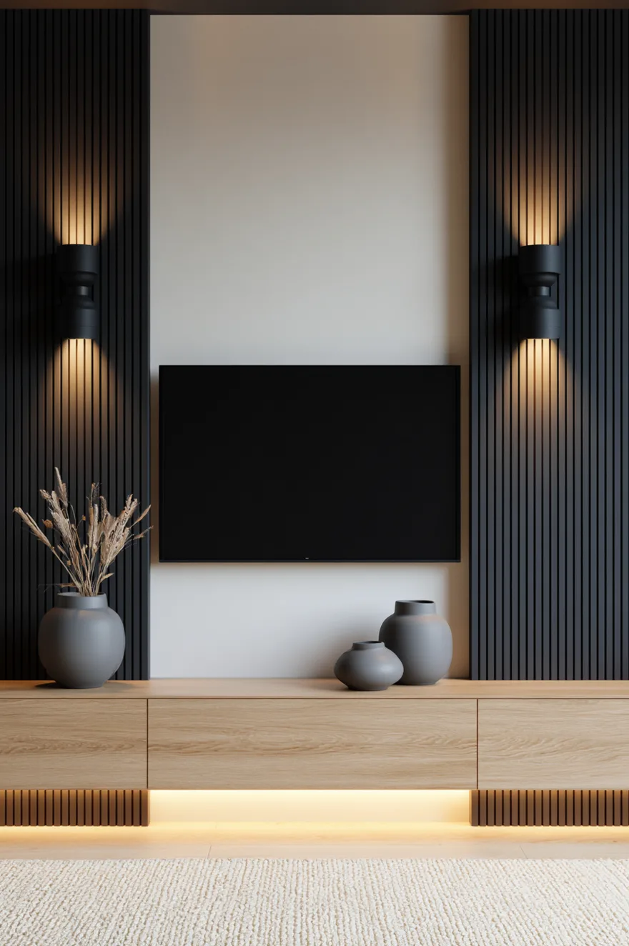 Contemporary media feature wall featuring thick vertical dark charcoal wood slat panels flanking a flush-mounted white central drywall section with a flat screen television. Two matte black cylindrical up-and-down architectural wall sconces are mounted symmetrically on the dark slats, casting dramatic hourglass shapes of warm light. Below sits a light oak floating media console illuminated by a warm LED floor strip, styled with three organic matte grey ceramic vases of varying sizes. A textured off-white loop pile rug grounds the space.