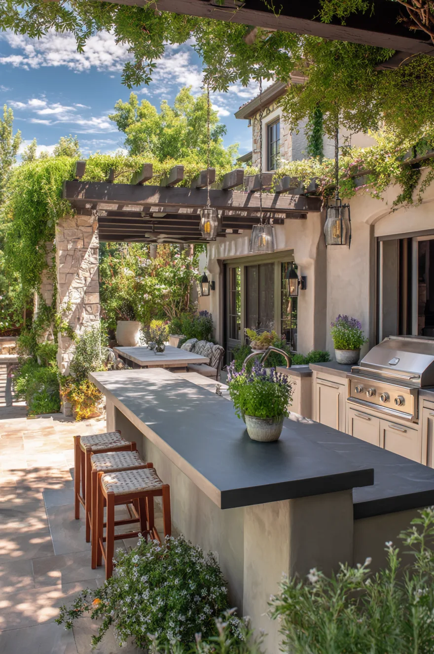 L-shaped outdoor kitchen under a wood pergola covered in green vines, featuring grey countertops, stainless steel grill, light beige cabinetry, and wooden bar stools.