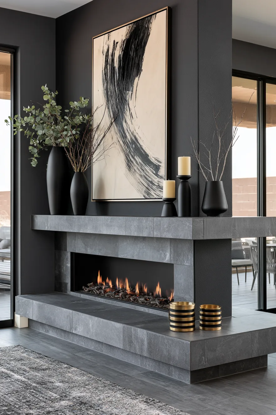 Contemporary linear gas fireplace with large-format slate gray tile surround and abstract art on the mantel.