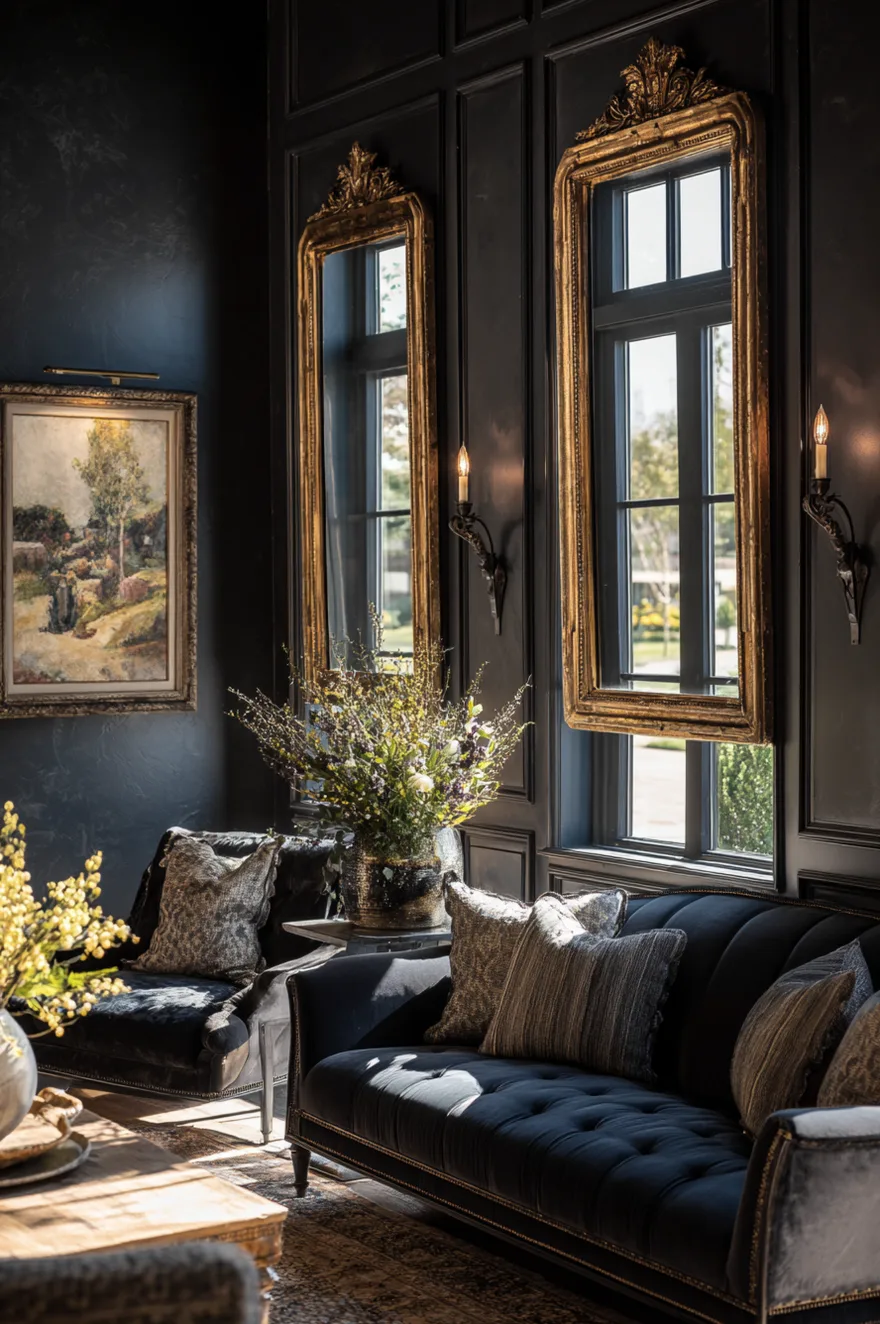 A dramatic, moody living room with dark charcoal or navy paneled walls. Two large, ornate gold-framed mirrors are mounted on the panels between windows, reflecting light. A dark tufted sofa with textured pillows sits beneath a traditional landscape painting. Ornate wall sconces provide soft lighting.