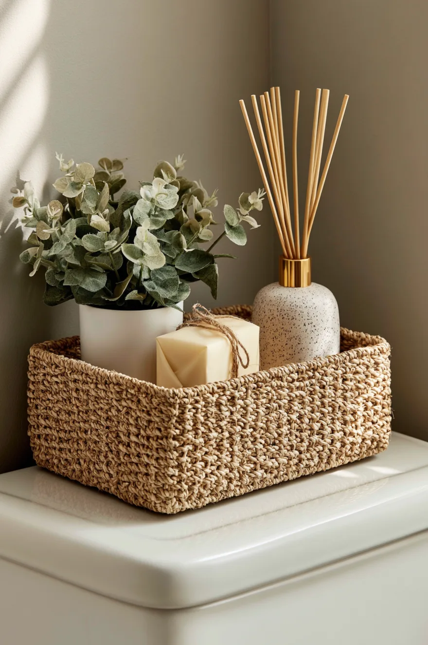 Top of a white toilet tank styled with a rectangular woven seagrass basket. The basket contains a faux eucalyptus plant in a white ceramic pot, a bar of soap wrapped in cream paper and tied with twine, and a speckled cream reed diffuser.